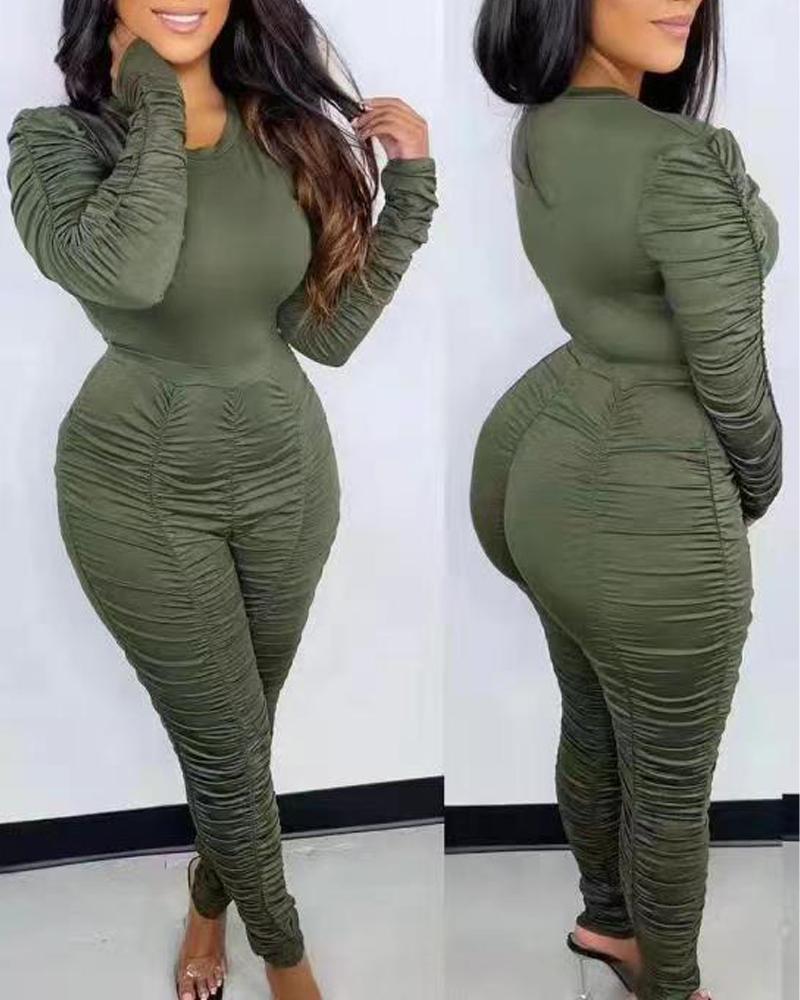 

Plus Size Ruched Long Sleeve Skinny Jumpsuit, Green