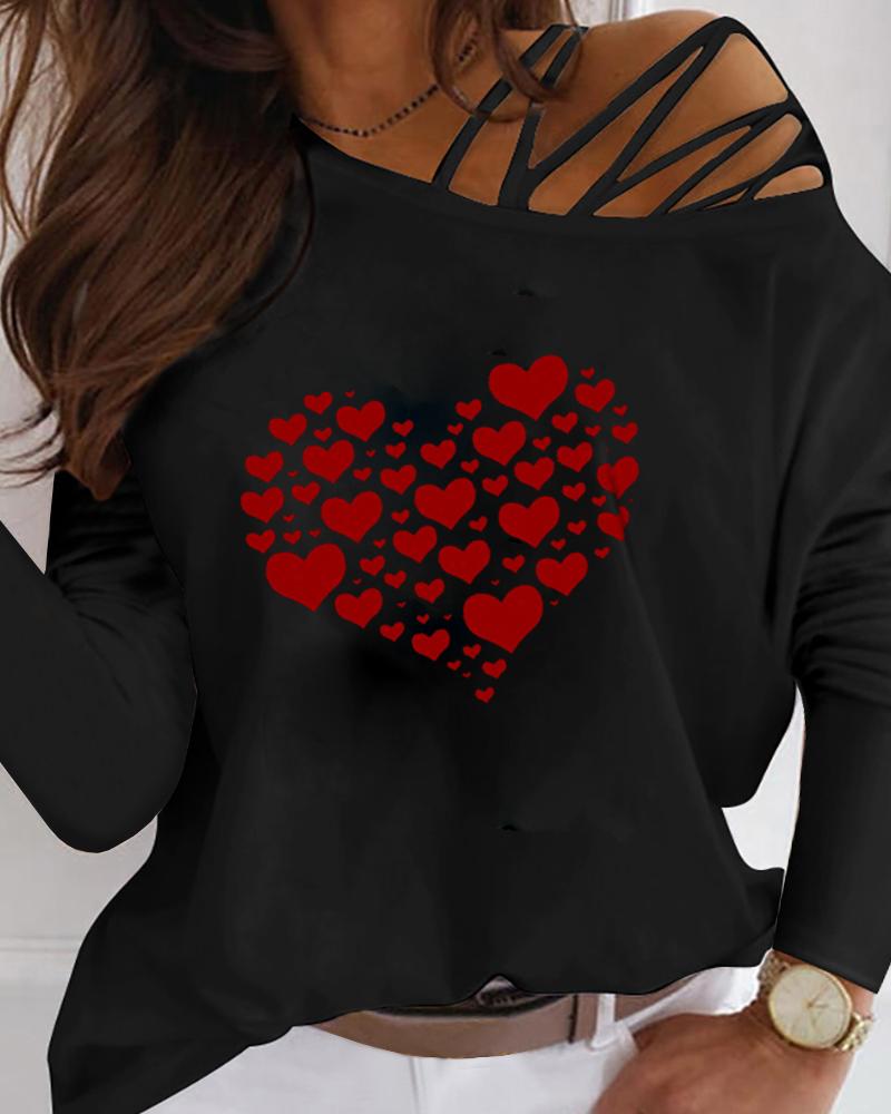 

Valentine's Day Heart Print Cold Shoulder Top, Black