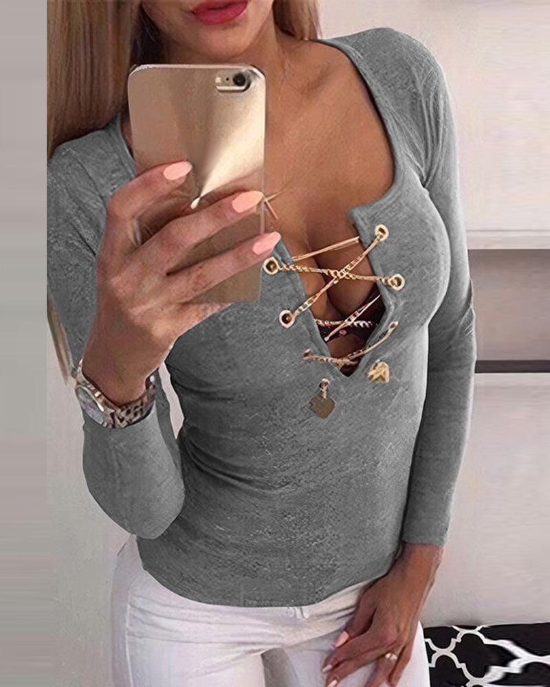 

Grommet Eyelet Lace-up Long Sleeve Top, Gray