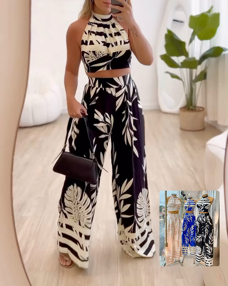 

Striped Tropical Print Crop Top & Wide Leg Pants Set, Black