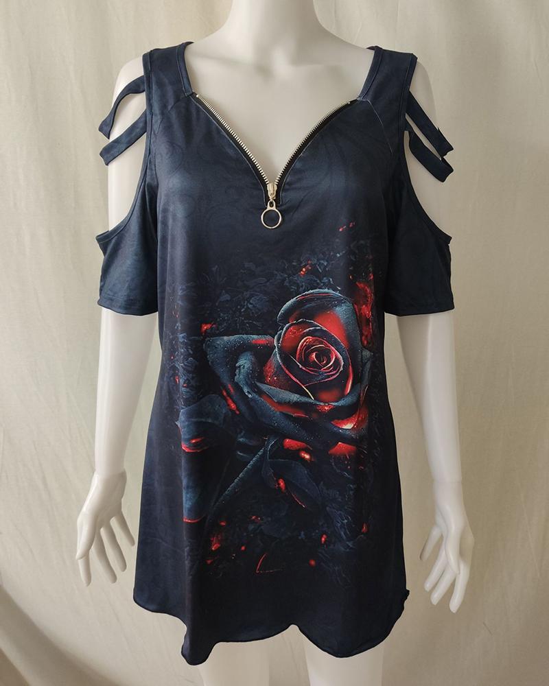 

Floral Graphic Print Short Sleeve Zipper Design Top, Black