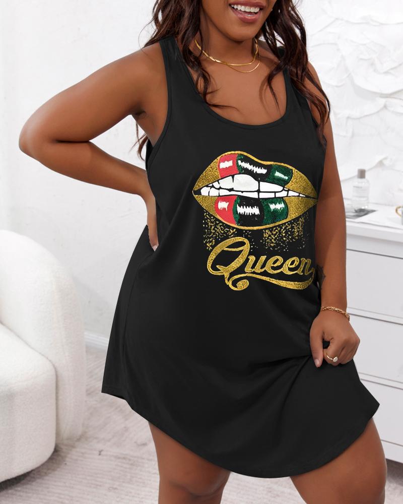 

Plus Size Queen Lip Print U-Neck Sleeveless Sleep Dress, Black