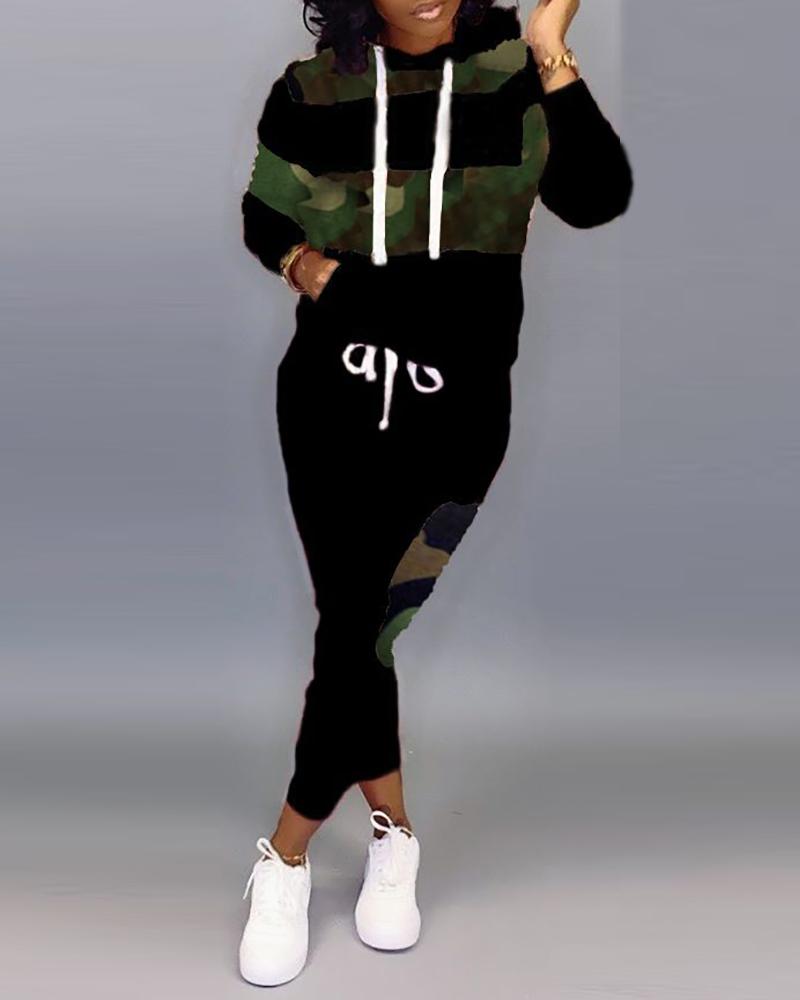 

Plus Size Camouflage Cheetah Print Hooded Top & Pants Sets, Army green