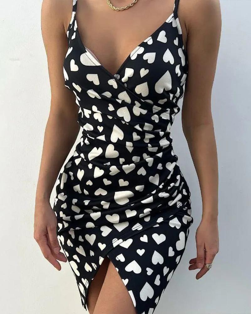 

Heart Print Ruched Cami Dress, Blackwhite