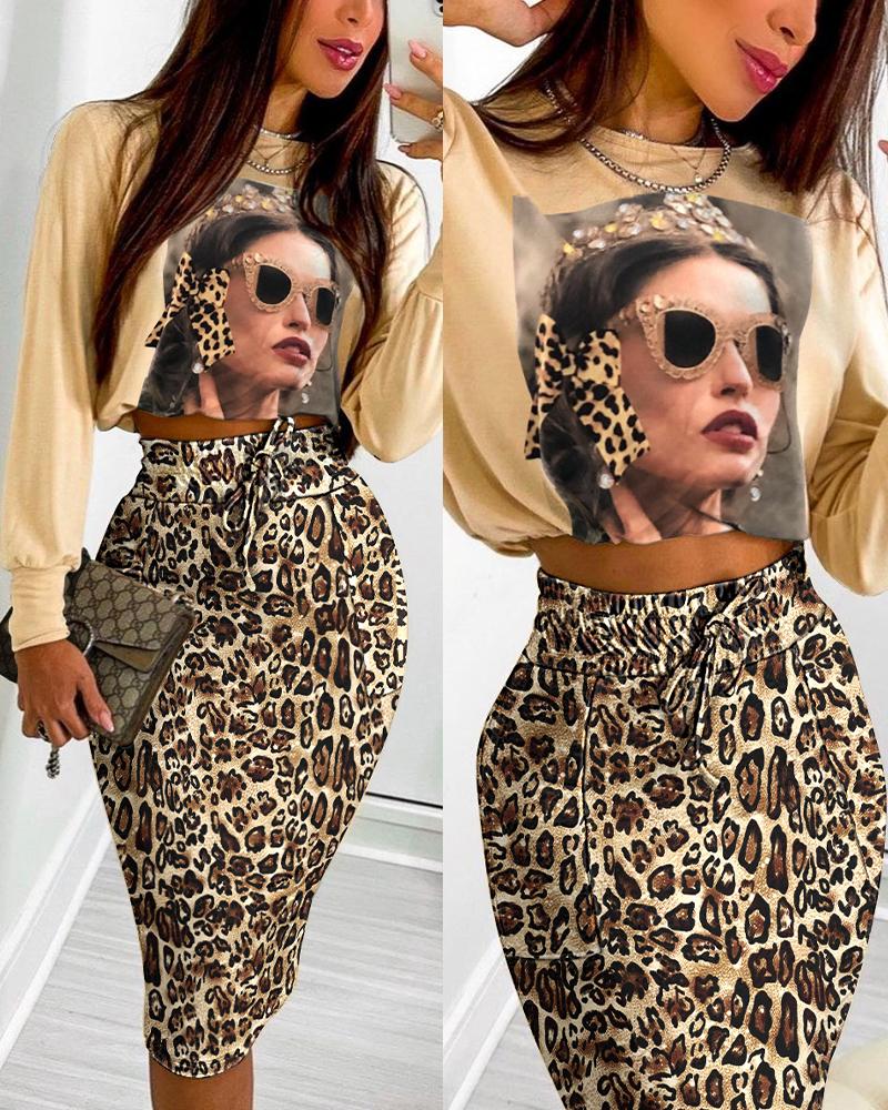 

Graphic Print Long Sleeve Top & Leopard Drawstring Shirred Skirt Set