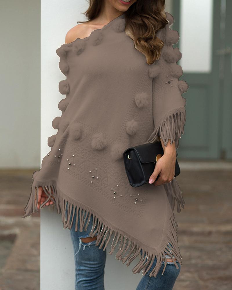 

Tassel Design Pom Pom Casual Cloak Sweater, Khaki
