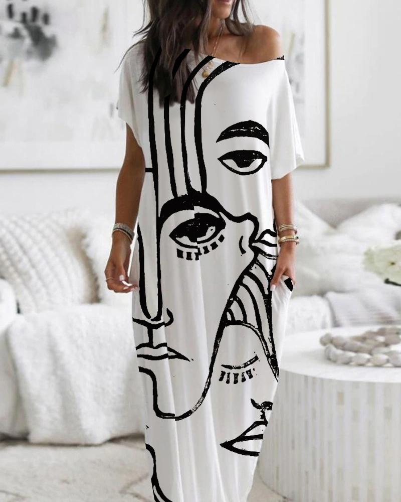 

Abstract Figure Print Short Sleeve Maxi Dress, White