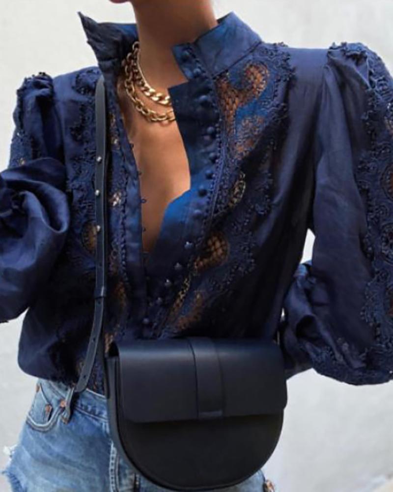 

Guipure Lace Puff Lantern Sleeve Shirt, Dark blue