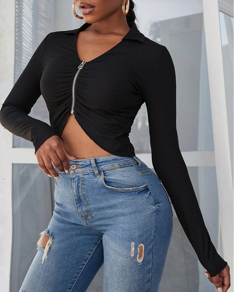 

Long Sleeve Zipper Design Skinny Top, Black