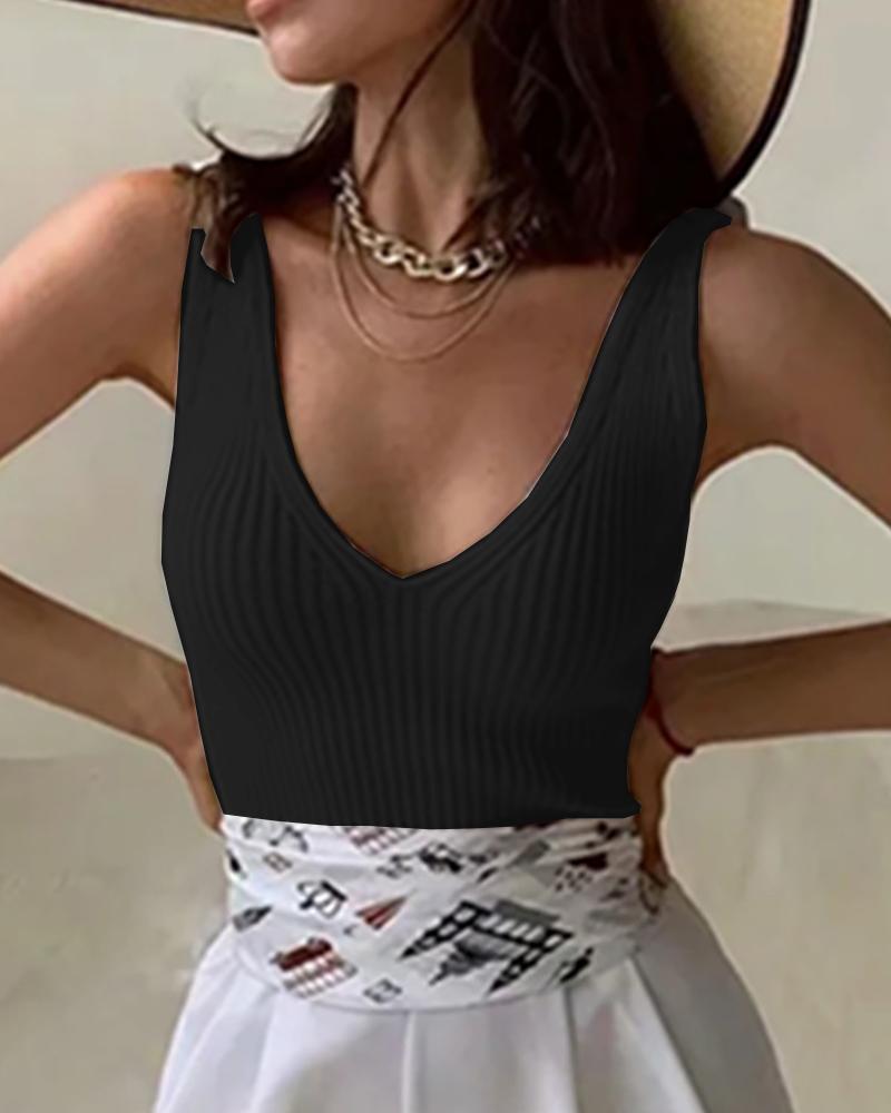 

Thin Strap V-Neck Ribbed Crop Top, Black