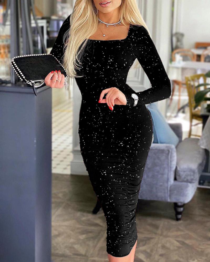 

Long Sleeve Ruched Glitter Party Dress, Black