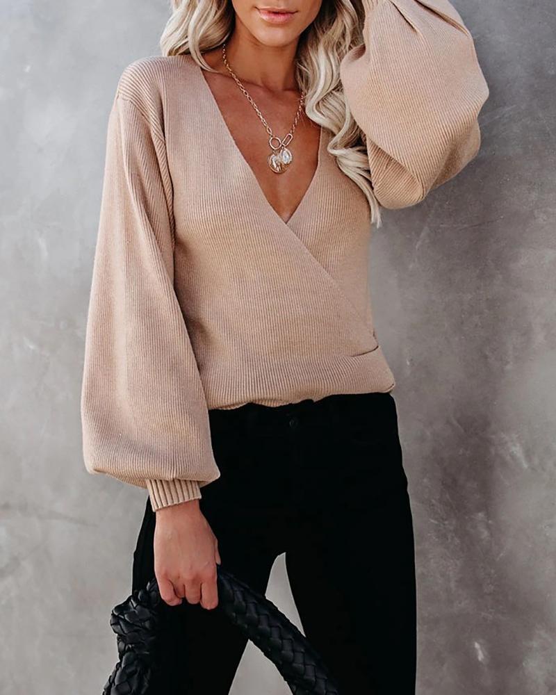 

Surplice Neck Lantern Sleeve Knit Sweater, Khaki