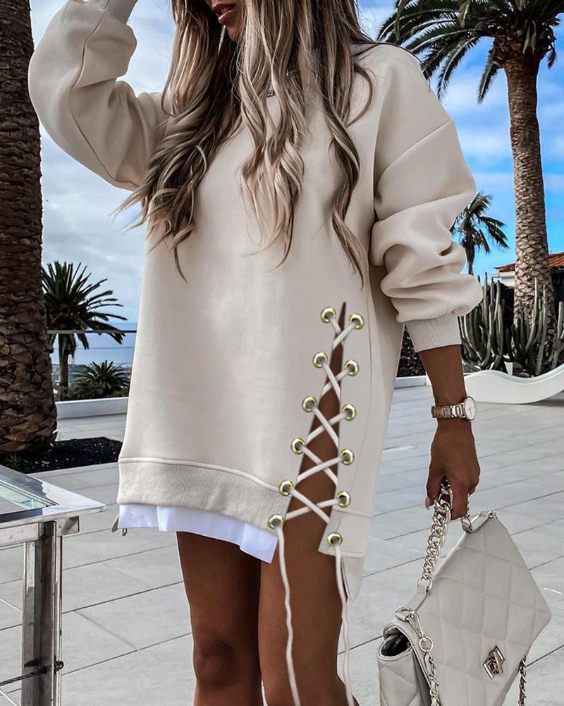 

Long Sleeve Eyelet Lace-up Sweatshirt Dress, Khaki