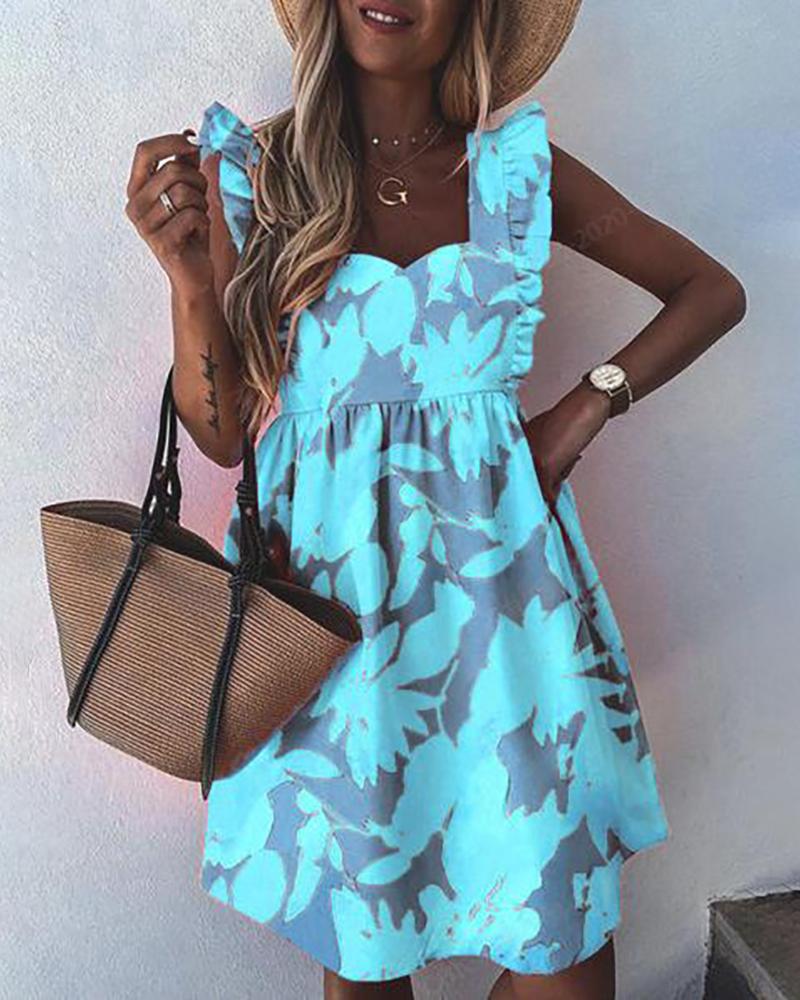 

Flutter Sleeve Floral Print Dress, Sky blue