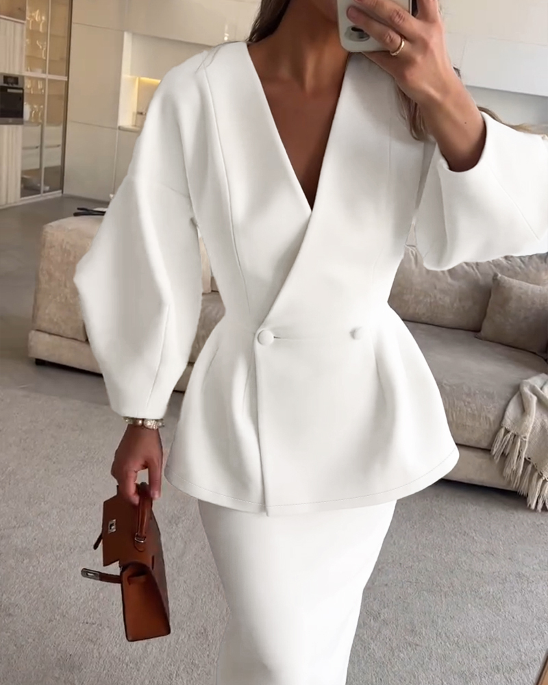

2 Pieces Outfit Lantern Sleeve Plunge V Neck waist Elegant Coat and Casual Bodycon Midi Skirt Set, White