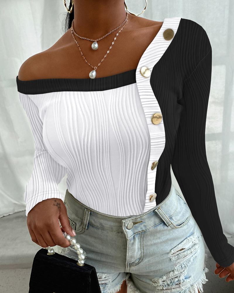 

Colorblock Asymmetrical Neck Buttoned Textured Top, Blackwhite