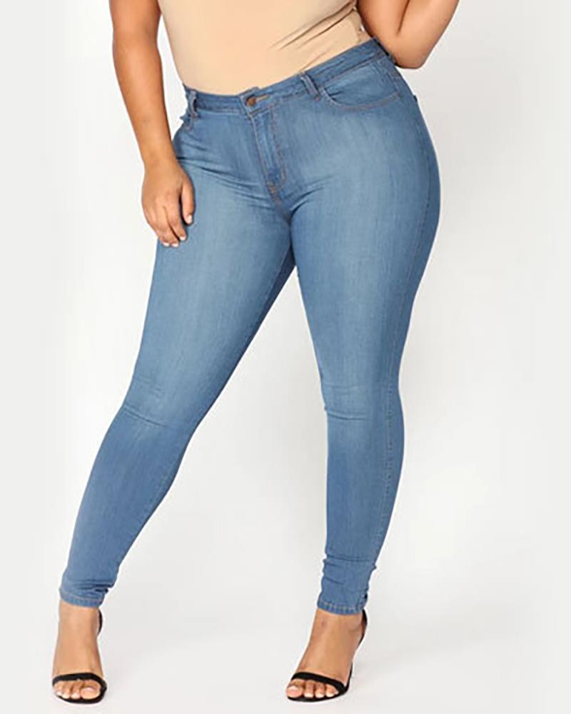 

Plus Size Button Pocket Decor Skinny Jeans, Blue
