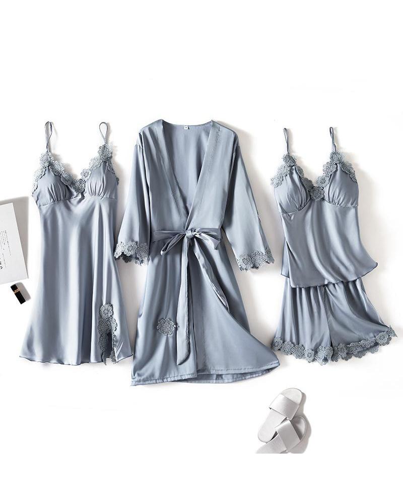 

Satin Lace Detail 4Pcs Pajama Set, Gray