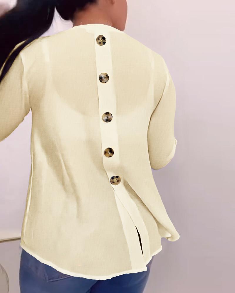 

V-Neck Roll Up Sleeve Back Button Blouse Casual Top with Pocket, Light yellow