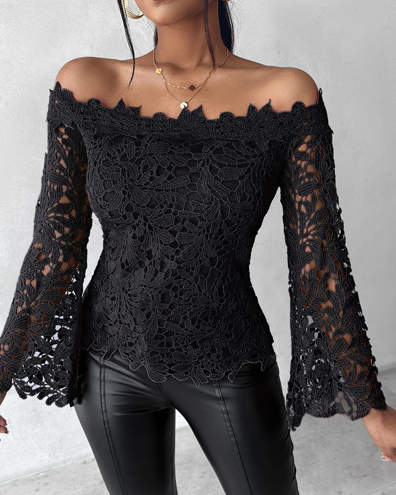 

Off Shoulder Long Sleeve Lace Top, Black