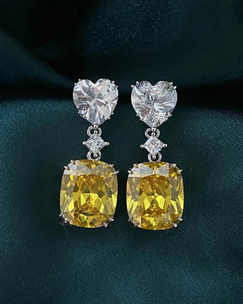 

1Pair Heart Pattern Square Pendant Rhinestone Earrings, Yellow