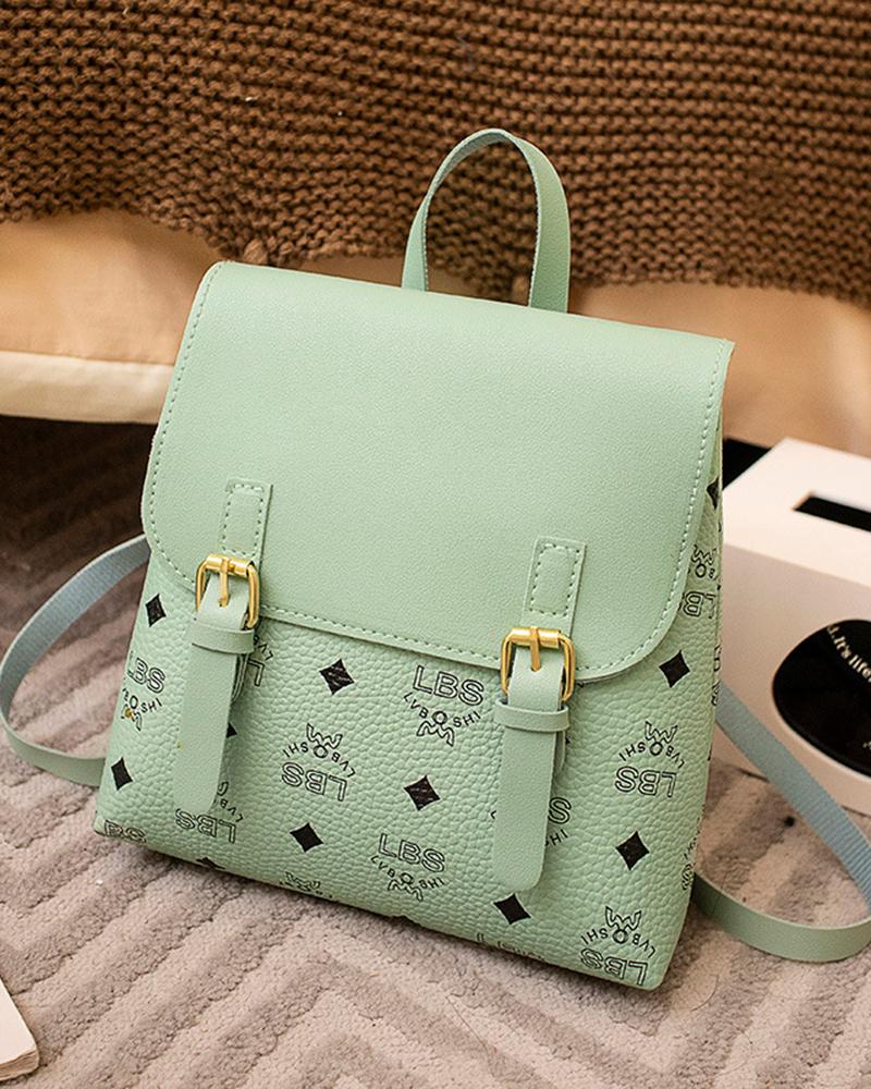 

Letter Argyle Print Bucked Flap Backpack Trendy School Bag, Green