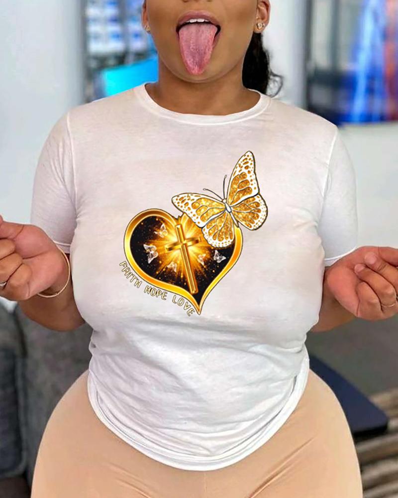 

Butterfly Heart Cross Print Short Sleeve T-shirt, White