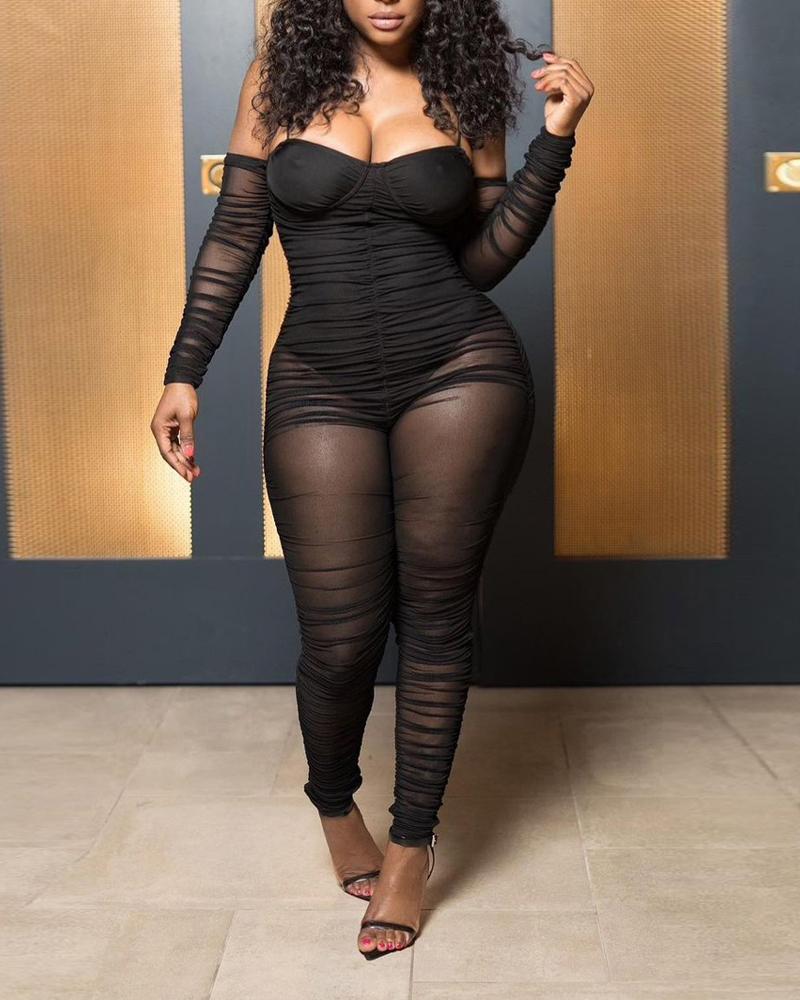 

Cold Shoulder Ruched Sheer Mesh Jumpsuit, Black