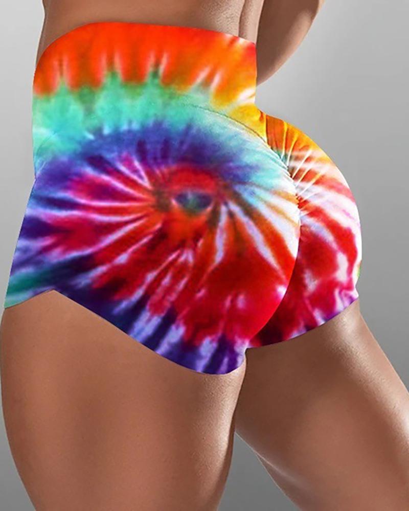 

High Waist Tie Dye Print Ruched Sporty Shorts, Red