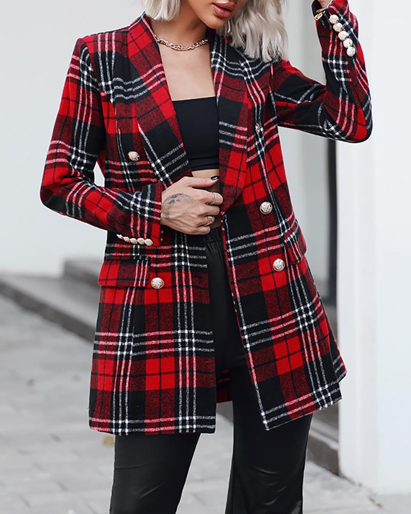 

Plaid Pattern Colorblock Buttoned Longline Blazer Coat, Red