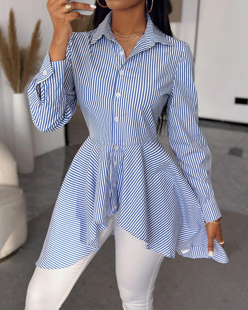 

Striped Buttoned Long Sleeve Asymmetrical Top, Blue