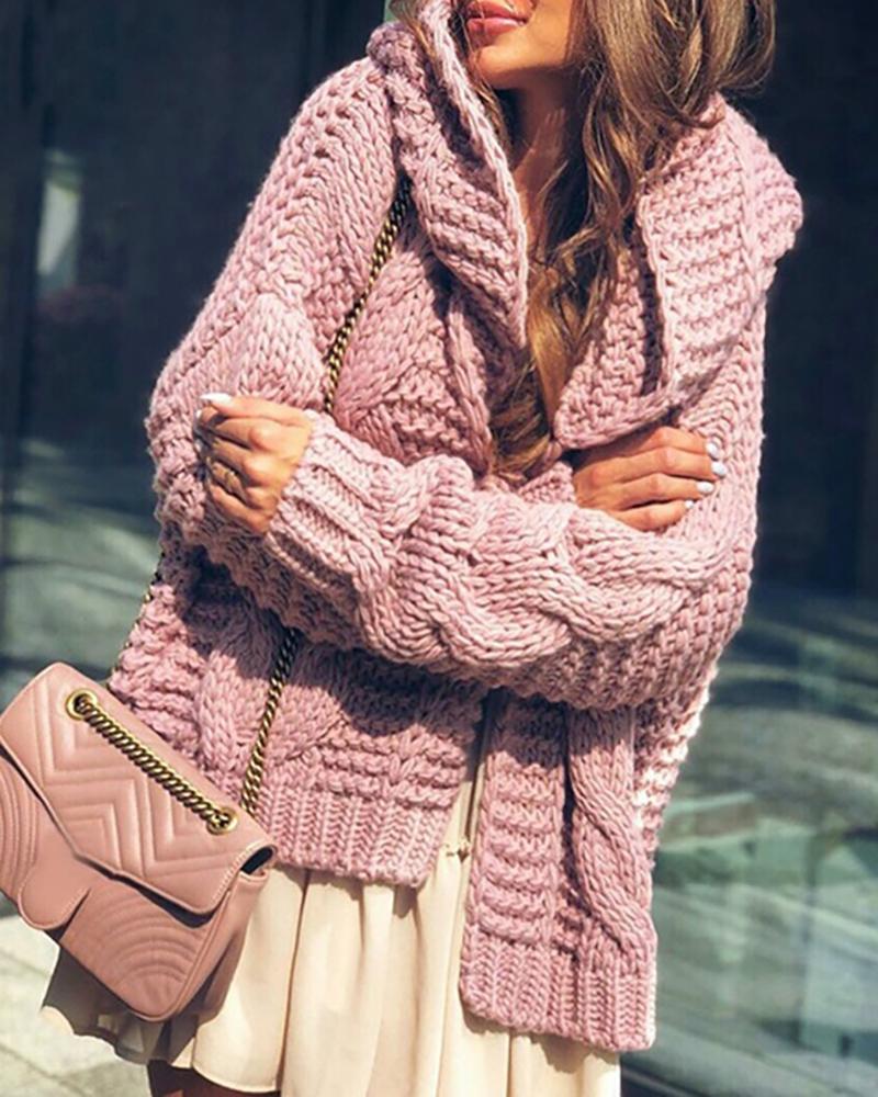 

Braided Knit Long Sleeve Hooded Cardigan, Pink