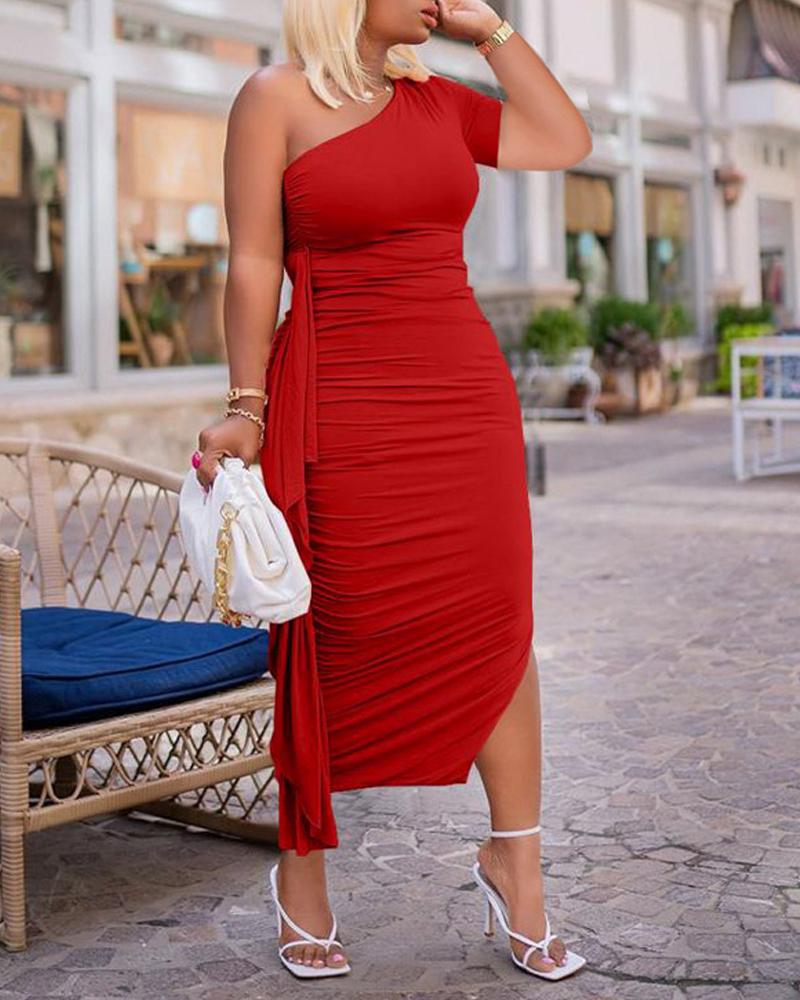 

One Shoulder Draped Side Ruched Slit Bodycon Dress, Red