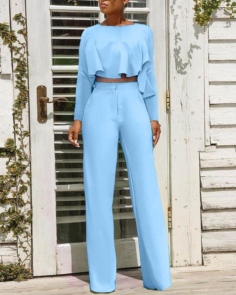 

Long Sleeve Ruffle Hem Crop Top & Pocket Wide Leg Pants Set, Blue
