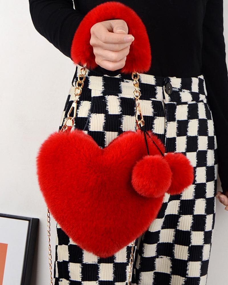 

Fluffy Heart Shaped Pom Pom Chain Strap Handbag, Red