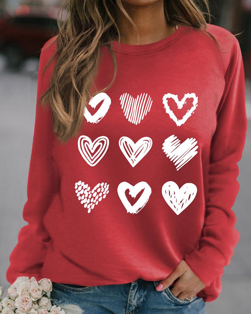 

Valentine' Day Heart Print Long Sleeve Sweatshirt, Red