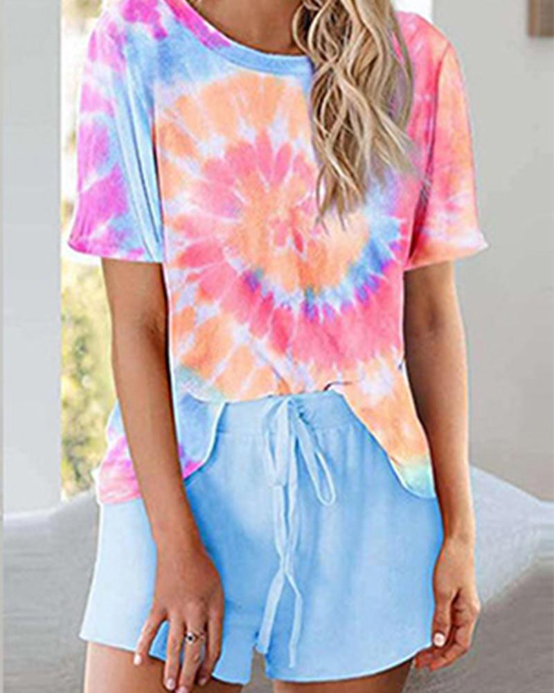 

Multicolor Tie Dye Short Sleeve T-shirt With Short Pants Suit Sets, Blue