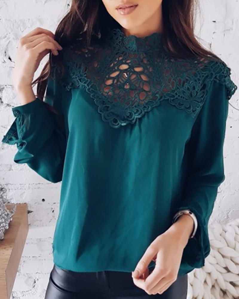 

Lace Embroidery Hollow Out Casual Blouse, Green