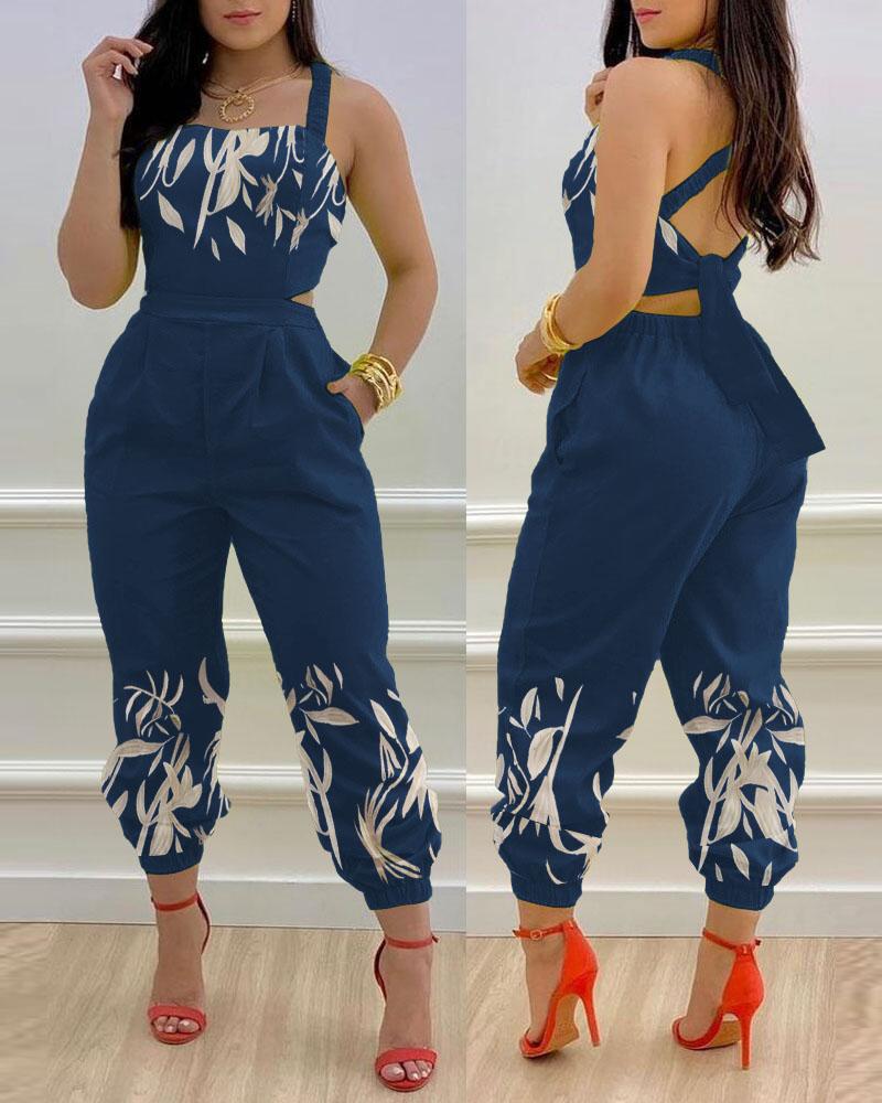 

Plants Print Criss Cross Tied Detail Backless Jumpsuit, Purplish blue