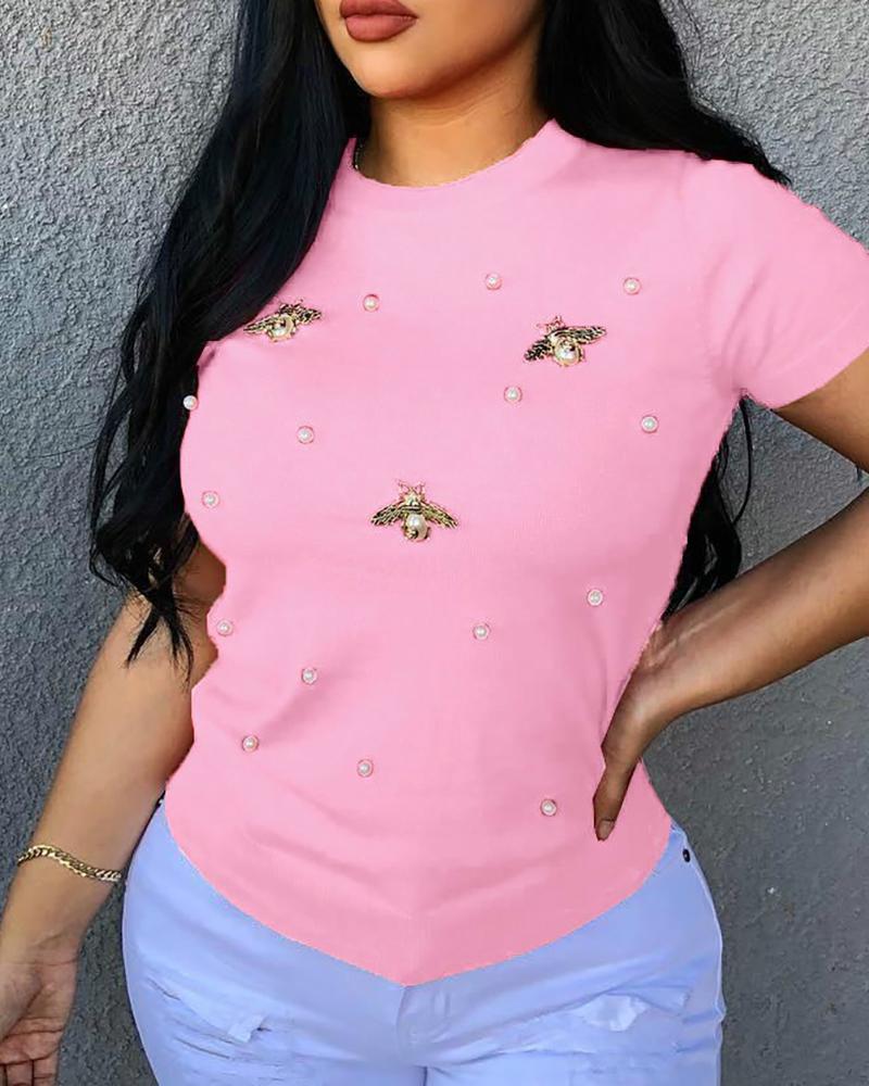 

Beaded Detail Short Sleeve T-Shirt, Pink