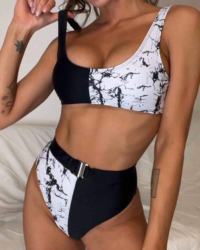 

U Neck Colorblock Ink Splash Print Bikini Set, Black