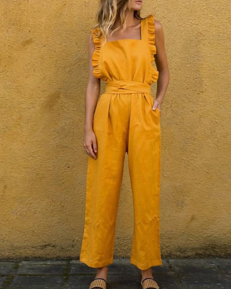 

Frill Hem Pocket Design Sleeveless Jumpsuit, Yellow
