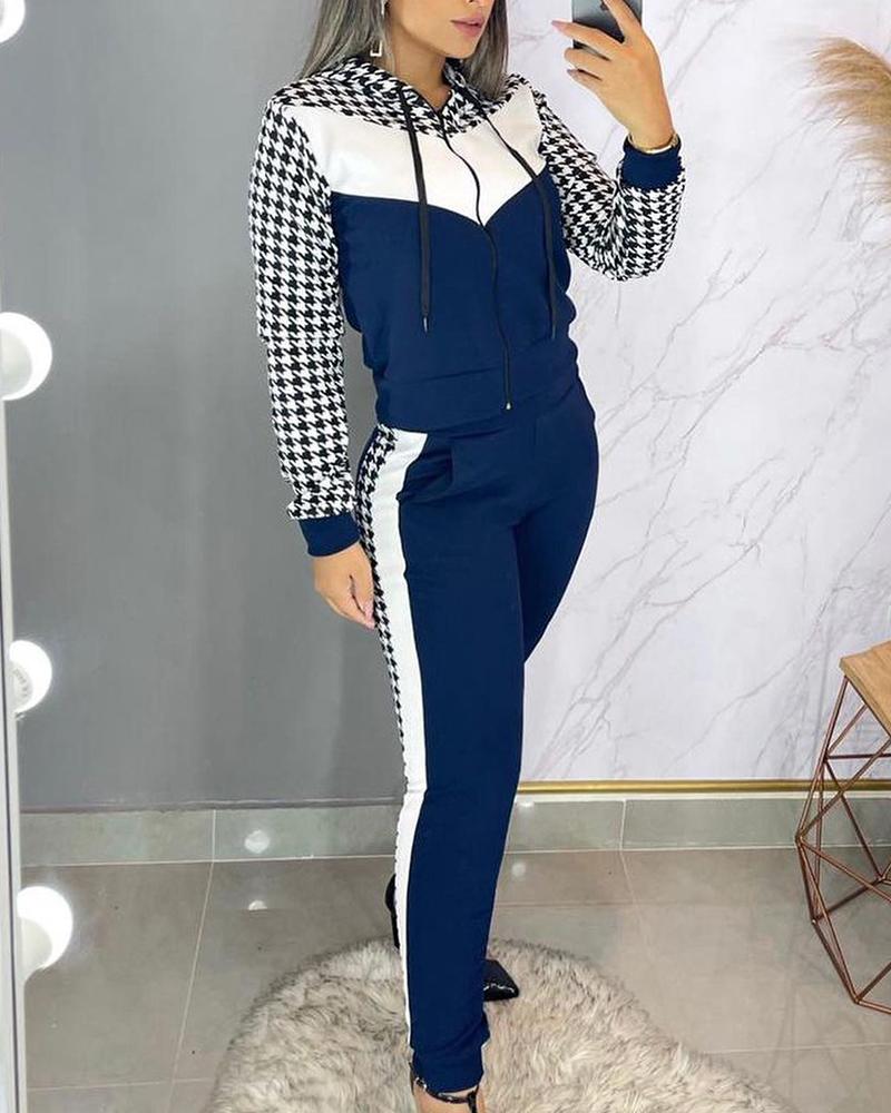 

Houndstooth Print Colorblock Hooded Coat & Pocket Pants Set, Blue