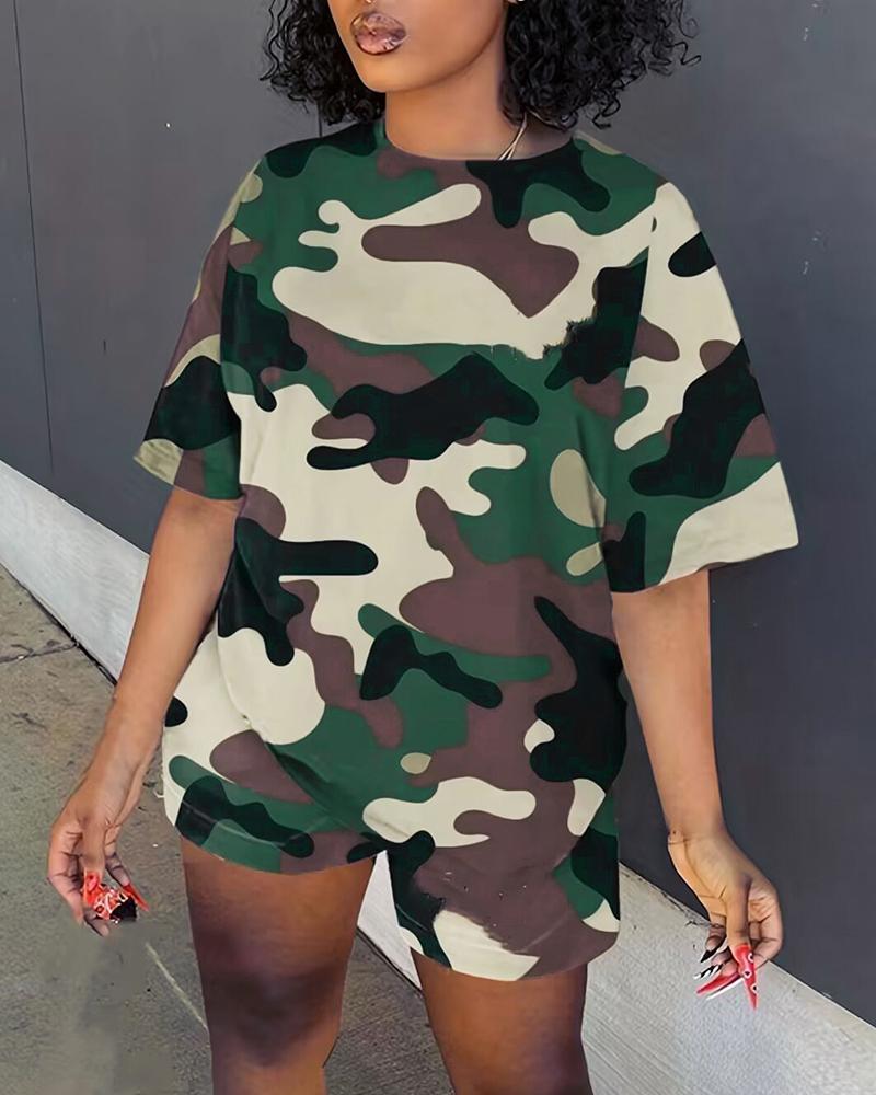 

Camouflage Print O-Neck Top & Shorts Set, Camoflage