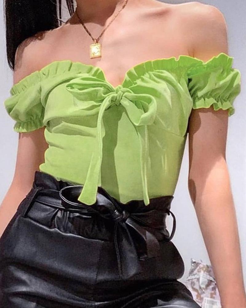 

Solid Tie Front Ruffle Bodysuit, Green