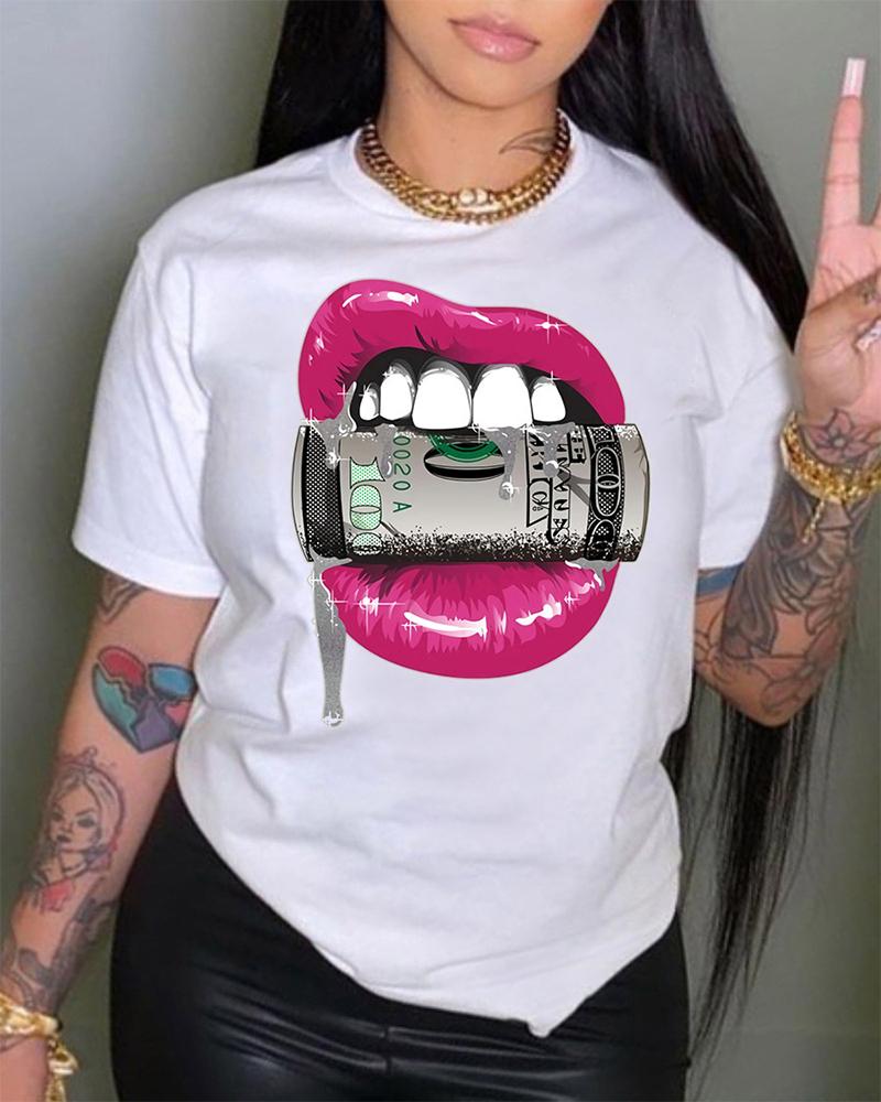 

Lip Dollar Print Short Sleeve T-shirt, Style2