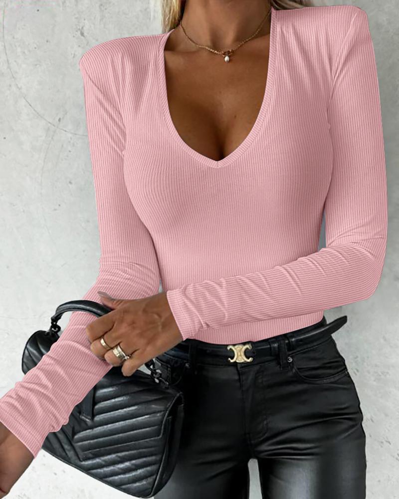 

V-Neck Long Sleeve Casual Top, Pink