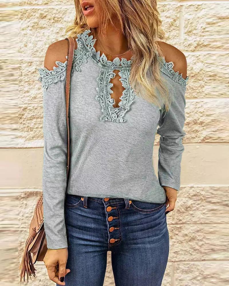 

Contrast Lace Open Back Cold Shoulder Top, Gray