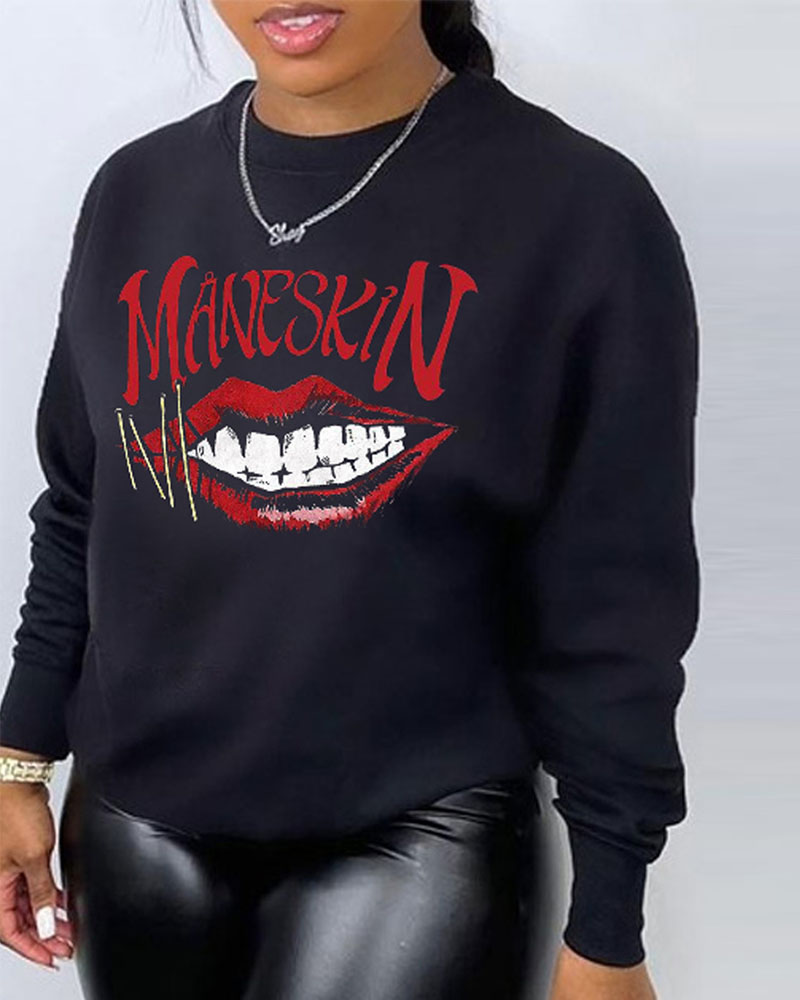 

Plus Size Lip Letter Print Long Sleeve Sweatshirt, Black