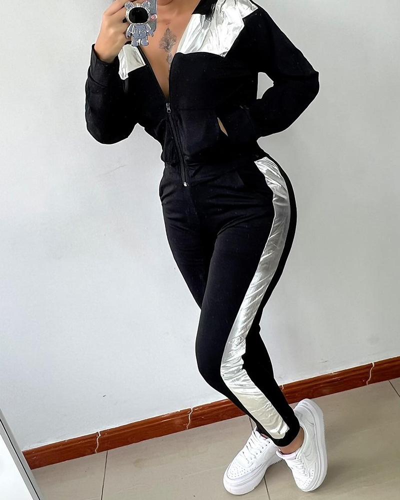 

Metallic Patchwork Zipper Design Hoodie & Cuffe Sweatpants Set, Black
